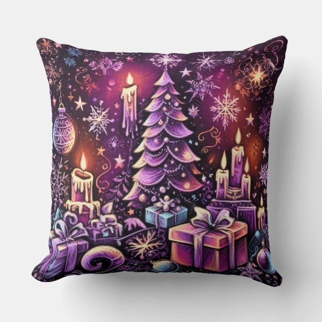 Almofada Duro de Tema de Natal Roxo Desenho de Pastel (Frente)