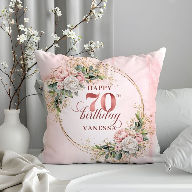 Almofada Dusty Pink Boho Flowers Gold Pillow 70th Birthday (Dusty Pink Boho Flowers Pillow 70th Birthday Pillow)