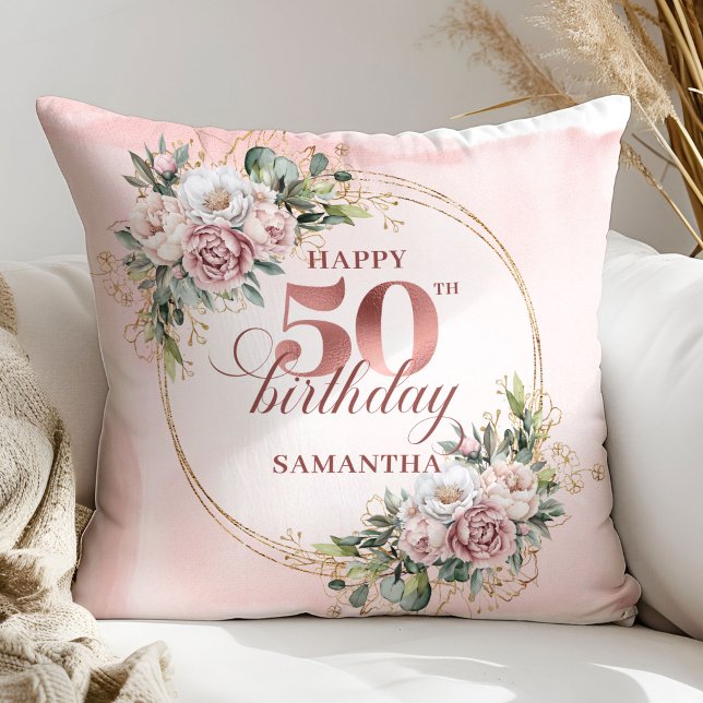Almofada Dusty Pink Floral Greenery 50th Birthday Pillow  (Dusty Pink Floral Greenery 50th Birthday Pillow Gift)