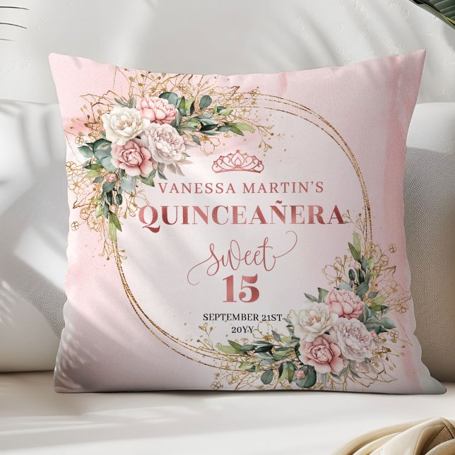 Almofada Dusty Pink Flowers Greenery Sweet 15 Decorative  (Dusty Pink Flowers Greenery Sweet 15 Decorative Pillow)