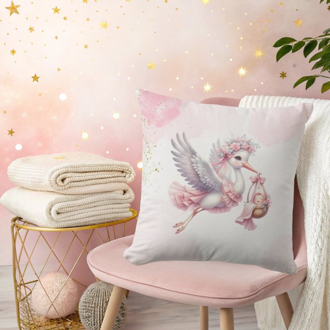 Almofada É uma Menina Stork Rosa Nuvens Chá de Bebê  (Criador carregado)
