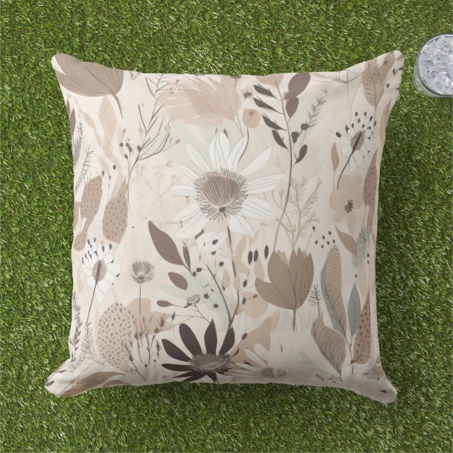 Almofada Earth Tone Floral Brown Cream Sage Throw Pillow  (Grama)