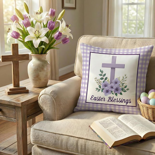 Almofada Easter Blessings Cross with Flowers Purple Gingham (Criador carregado)