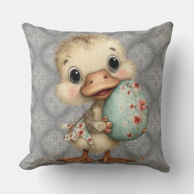 Almofada Easter Duckling Gray Damask Pattern Throw Pillow (Frente)