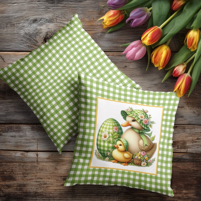 Almofada Easter Ducks Easter Egg & Flowers on Green Gingham (Criador carregado)