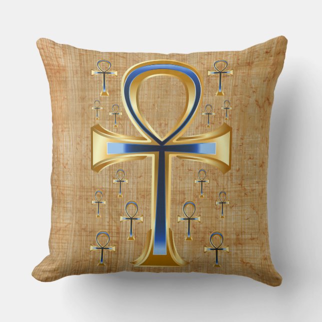 Almofada Egípcio Ankh - Design azul e Dourado (Frente)