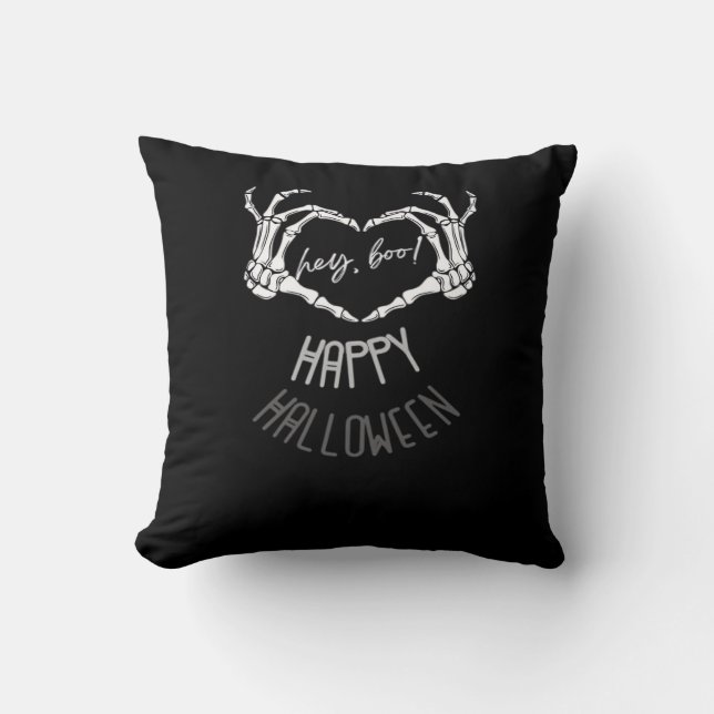 Almofada Ei, Boo! Feliz Halloween Skeleton Hand Heart Clas (Frente)