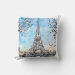 Almofada Eiffel Tower Paris França Desenhar Aquarela