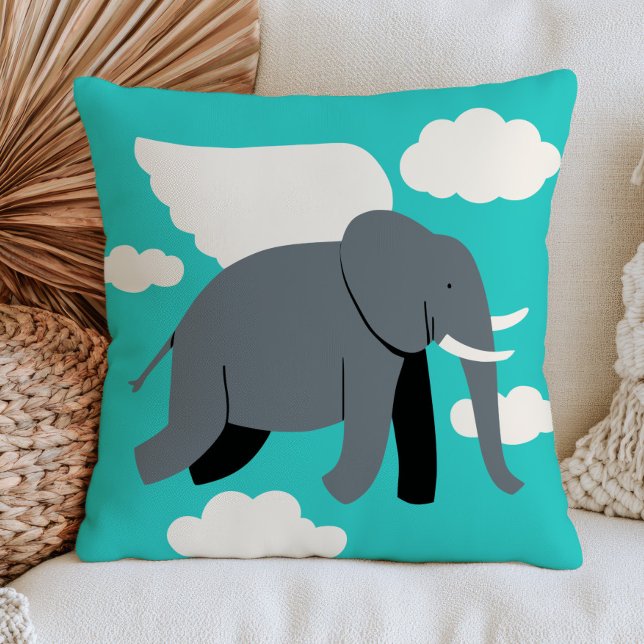 Almofada Elefante Alado Voando no Céu Azul Turquesa (Criador carregado)