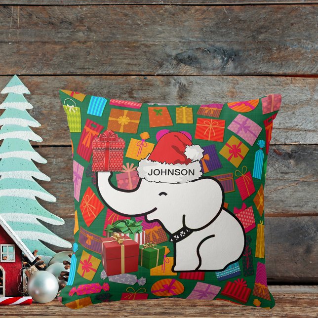 Almofada Elefante Branco Seu Nome Natal Apresenta Verde (White Elephant Your Name Christmas Presents Green Throw Pillow)