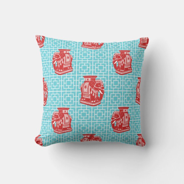 Almofada Elefante Chinoiserie em Bambu - Vermelho e Turques (Frente)