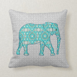 Almofada Elefante da flor da mandala - turquesa, cinza &