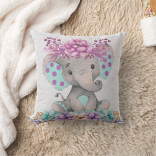 Almofada Elefante de Aquarela Cuja Coloração é Púrpura, Flo