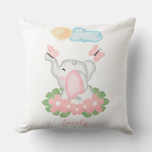 Almofada Elefante de Bebê Bonito com flores rosa (Frente)