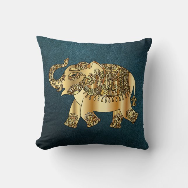 Almofada Elefante Elegante em Paisley Dourado,Visual de Cou (Frente)