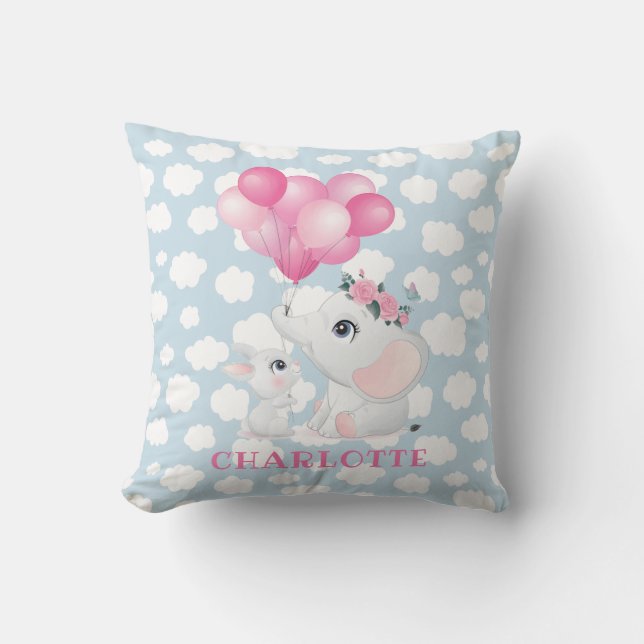 Almofada Elefante Feminino e Coelho com Flores e Balão (Frente)