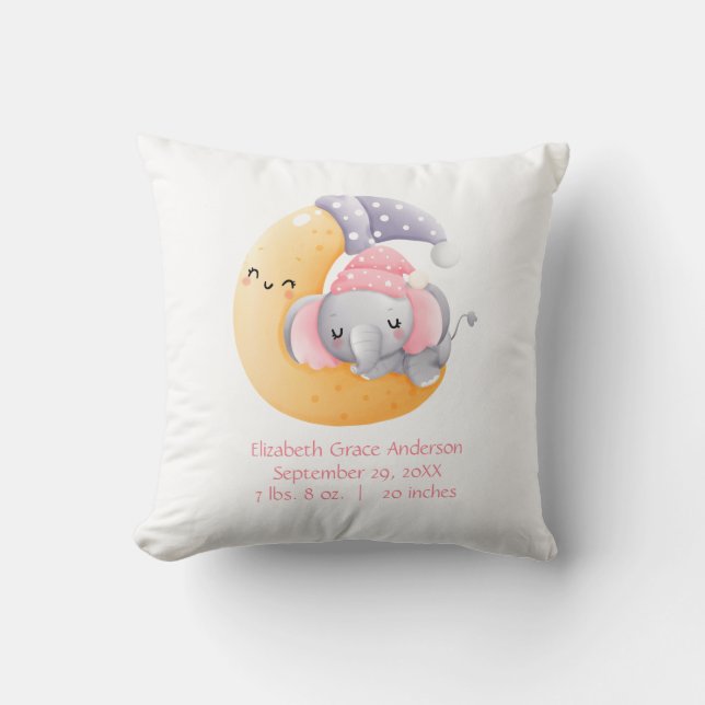 Almofada Elefante Menina Bebê Rosa Lua Dormente Personaliza (Frente)
