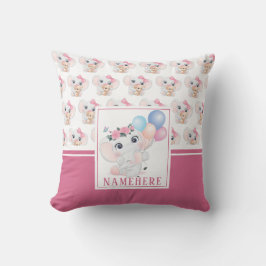 Almofada Elefante Rosa Feminino com Laço e Padrão de Balão