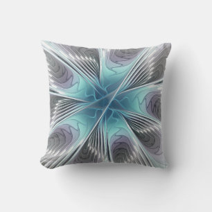 Almofada Elegance Modern Blue Cinza White Fractal Art Flowe