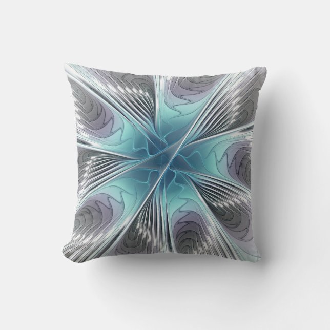 Almofada Elegance Modern Blue Cinza White Fractal Art Flowe (Frente)