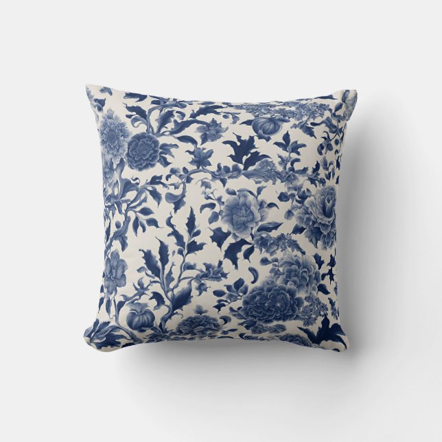 Almofada Elegância de porcelana personalizável: Blue Floral (Frente)