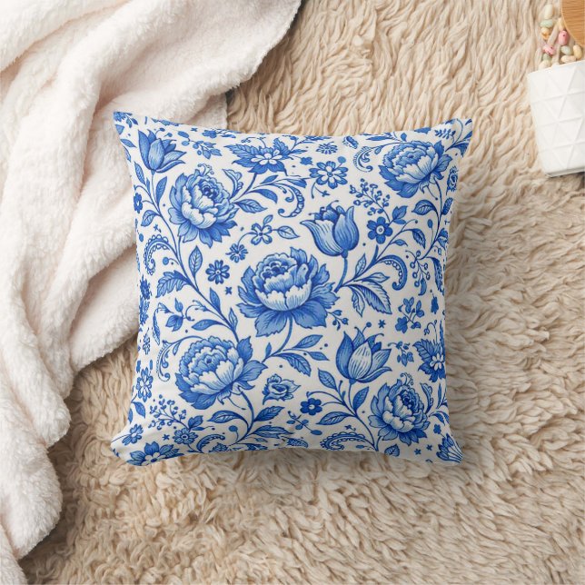 Almofada Elegância Floral Azul e Branco (Cobertor)