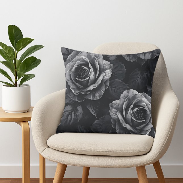 Almofada Elegant Black and White Monochrome Roses (Monochrome rose throw pillow)