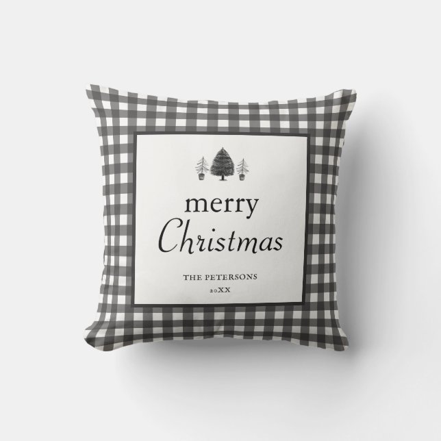 Almofada Elegant Black White Plaid Rustic Family Christmas  (Frente)