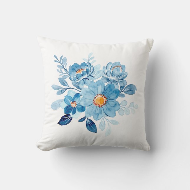 Almofada Elegant Blue Watercolor Floral Throw Pillow Cover, (Frente)