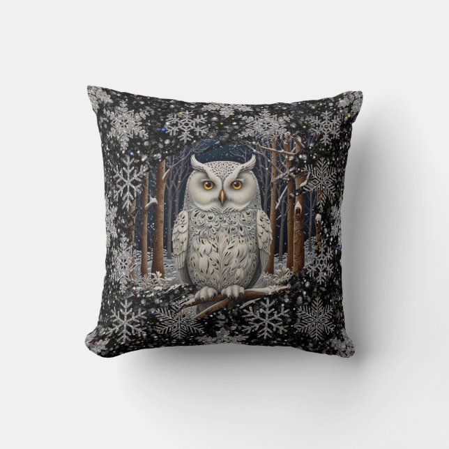 Almofada Elegant Christmas white owl woodland winter forest (Frente)