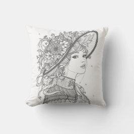 Almofada Elegant Floral Hat Lady Portrait Throw Pillow
