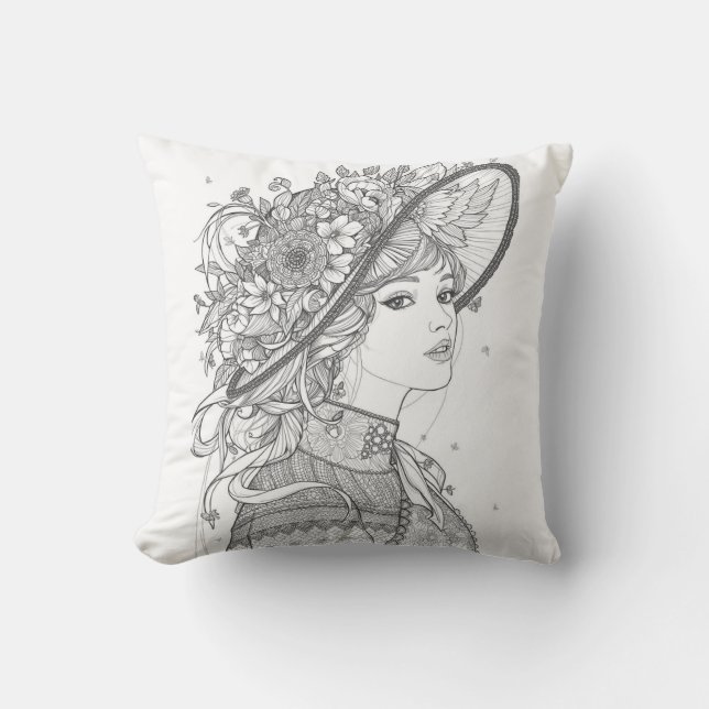 Almofada Elegant Floral Hat Lady Portrait Throw Pillow (Frente)