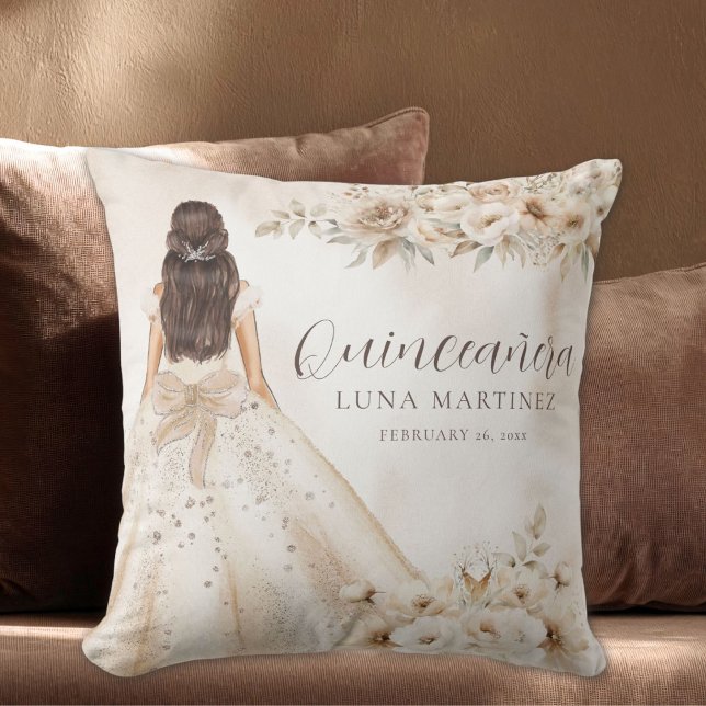 Almofada Elegant Floral Quinceañera Watercolor Ballgown (personalized quinceanara watercolor floral girl in ball gown 15th birthday throw pillow)