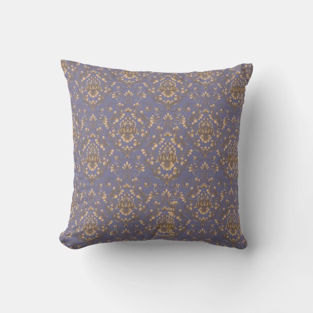 Almofada Elegant Gold Damask on Periwinkle Blue (Frente)