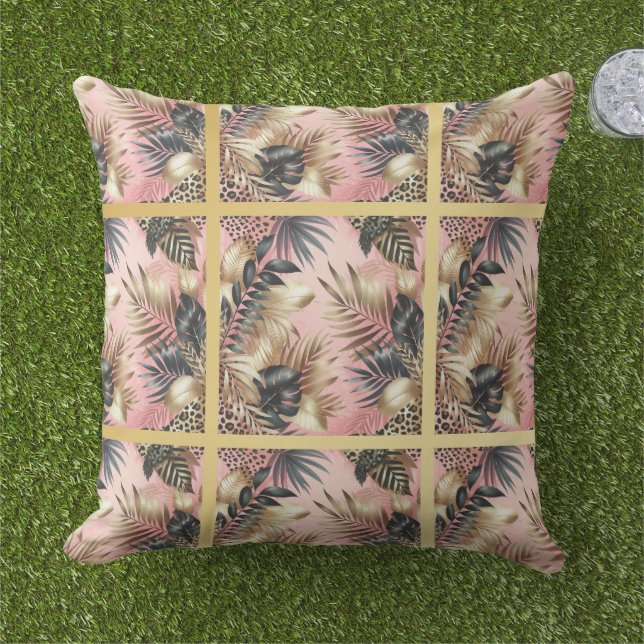 Almofada Elegant Gold, Pink and Black Jungle Leaf Pattern (Grama)
