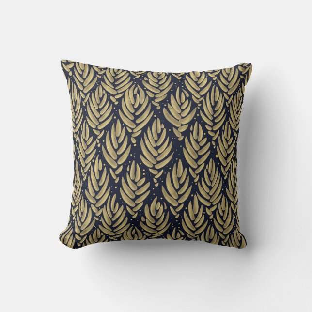 Almofada Elegant Golden Leaf Navy Pattern Throw Pillow (Frente)