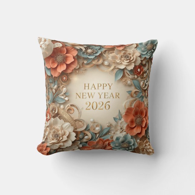Almofada elegant happy new year floral  throw pillow (Frente)
