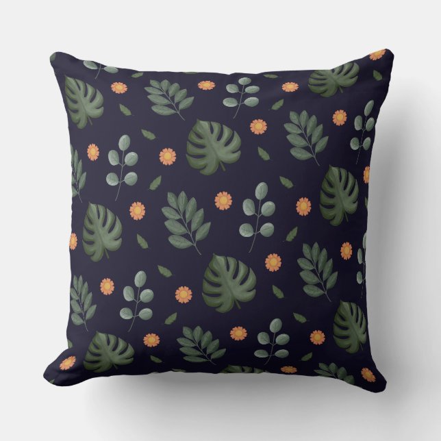 Almofada Elegant Modern Navy Botanical Leaf Floral (Frente)