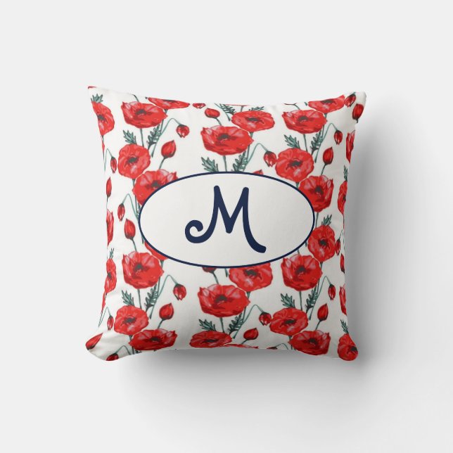 Almofada Elegant monogram pattern with red poppy flowers (Frente)