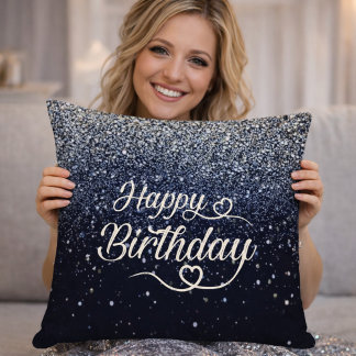 Almofada Elegant Navy Glitter Happy Birthday Throw Pillow