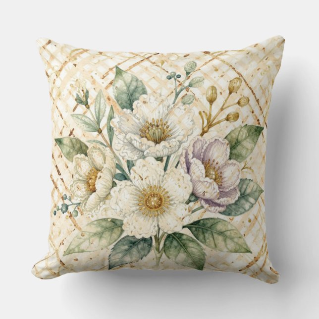 Almofada Elegant Off White Flowers, Gold Lattice Pattern (Frente)