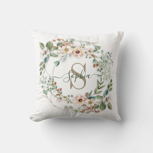 Almofada Elegant Personalized Floral Monogram Name (Frente)