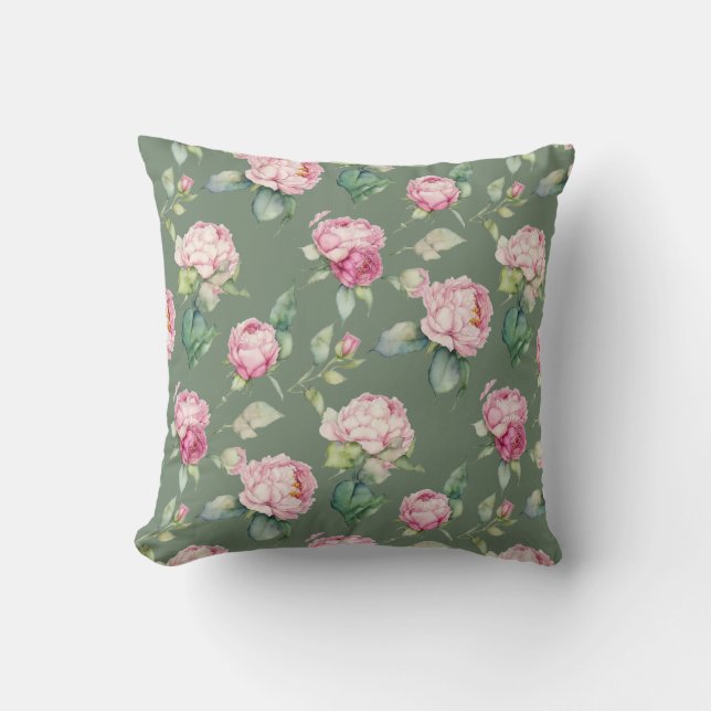 Almofada Elegant pink watercolor florals peonies roses (Frente)
