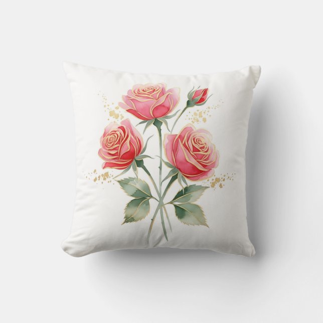 Almofada Elegant Pink Watercolor Roses with Gold Foil Trim (Frente)
