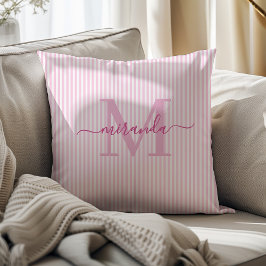 Almofada Elegant Pink & White Stripes Monogram Name