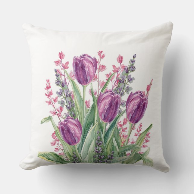 Almofada Elegant, Purple Tulip Flowers Pattern  Purple Stri (Frente)