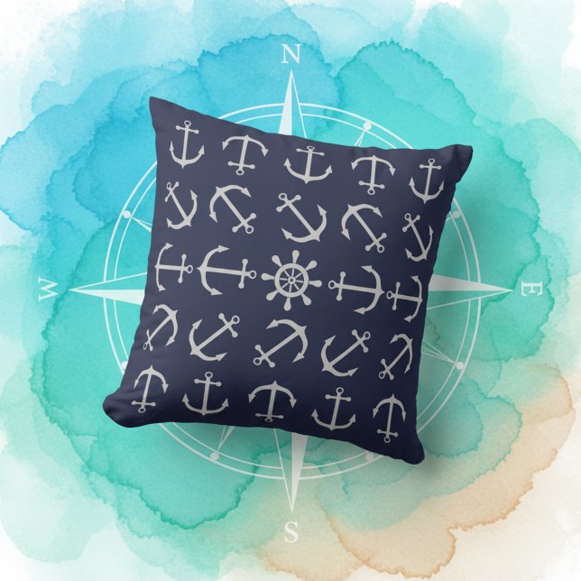 Almofada Elegant Silver Gray on Navy Blue Anchor Print Sofa (Stylish nautical throw pillow! ⚓)