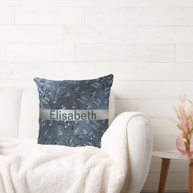 Almofada elegant silver music notes in blue throw pillow (Sofá)