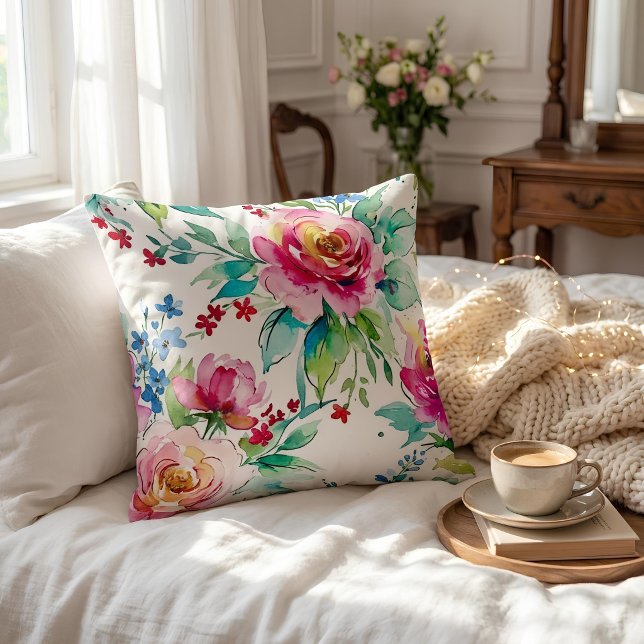 Almofada Elegant Watercolor Floral – Seamless Pink Roses  (#watercolor #floralpattern #wrappingpaper #giftwrap #floraldesign #pinkroses #blueflowers #botanical)