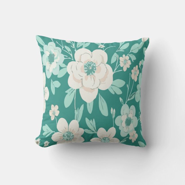 Almofada Elegant White Blossoms on Teal Background (Frente)